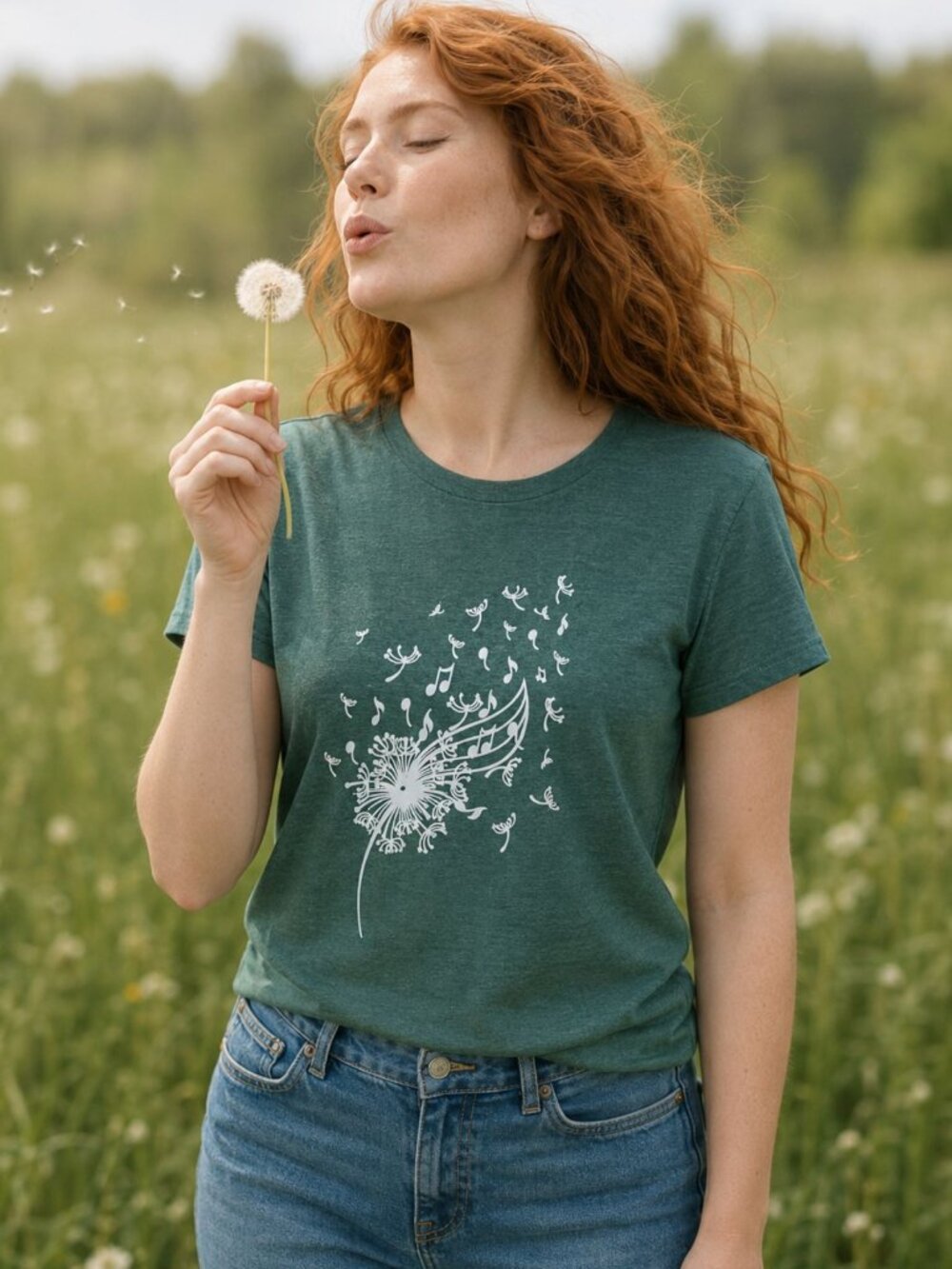 Music Note Dandelion Tee sz M Forest Green Whimsical Singer Shirt